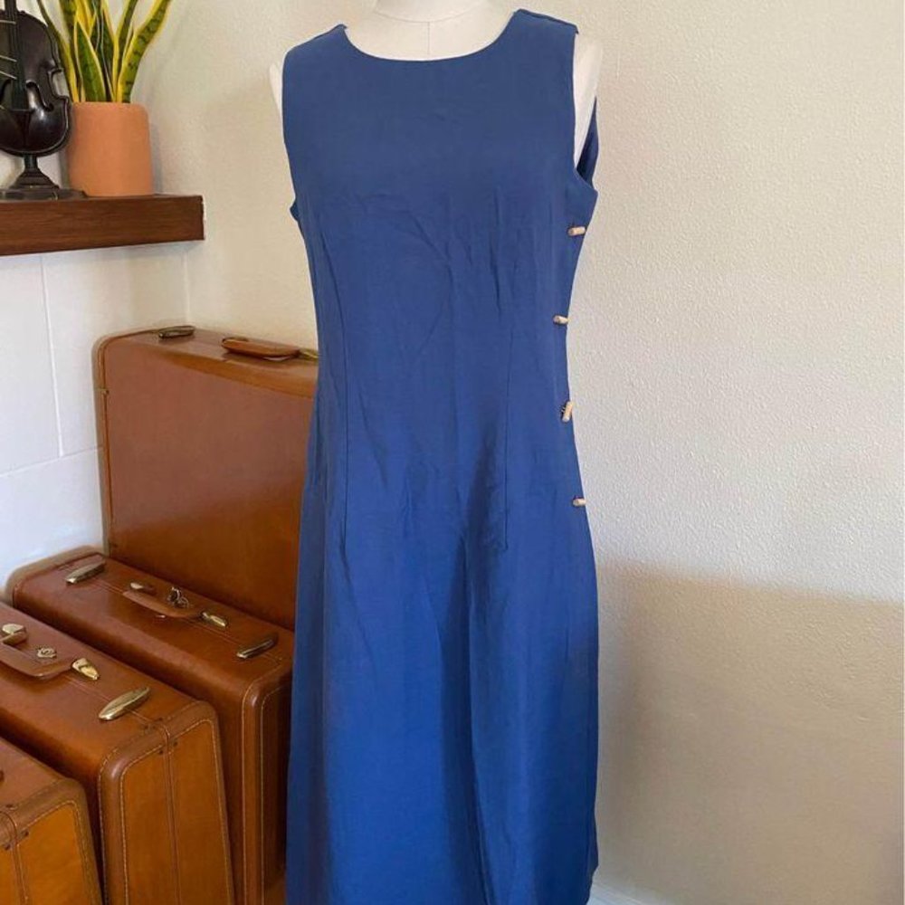 Vintage Blue Linen Maxi Dress with Toggle Buttons